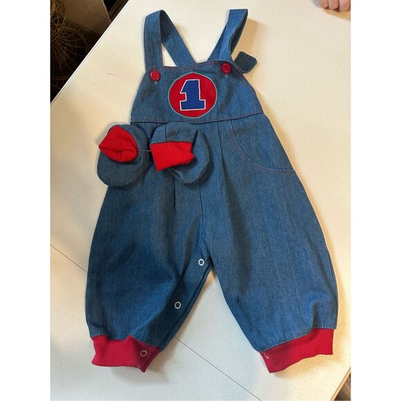 New Vintage Infant Red Accents Denim Overalls Size 6-9 Months - Picture 1 of 5